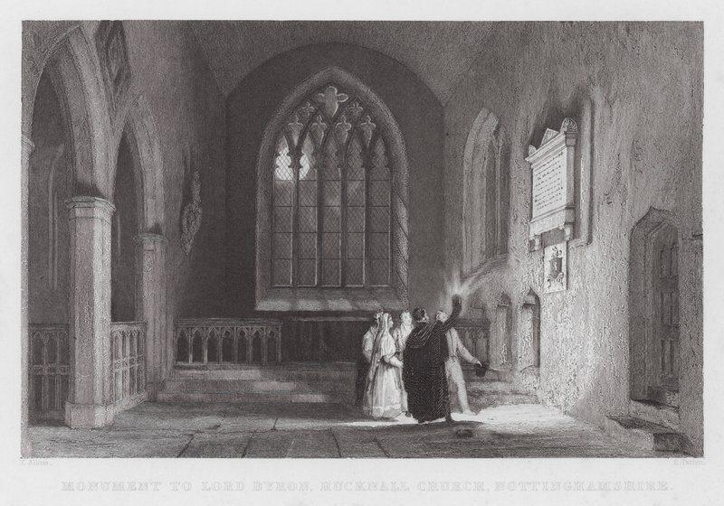 Pomnik Lorda Byrona, kościół Hucknall, Nottinghamshire (grafika) autorstwa Thomas (after) Allom