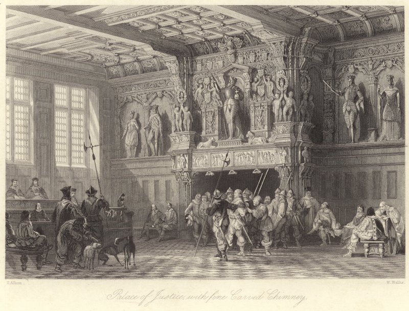 Pałac Sprawiedliwości, z pięknie rzeźbionym kominem, Brugia (rycina) autorstwa Thomas (after) Allom