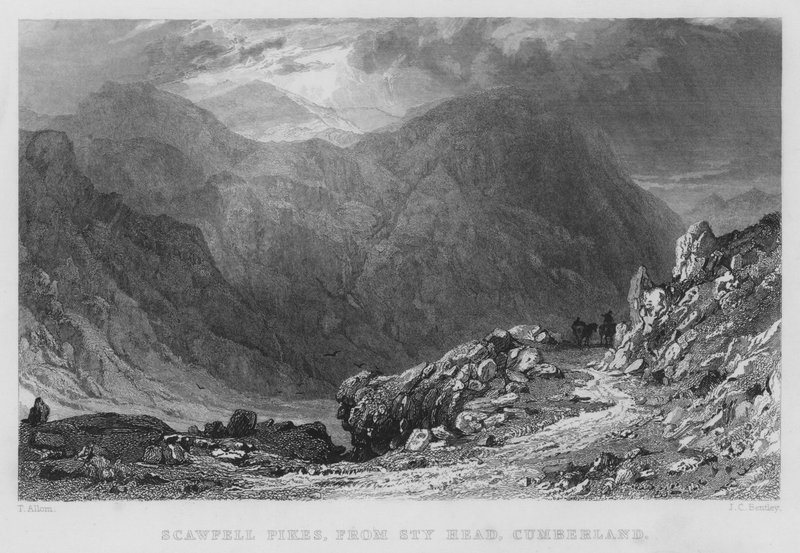 Scawfell Pikes, z Sty Head, Cumberland (grawerowanie) autorstwa Thomas (after) Allom