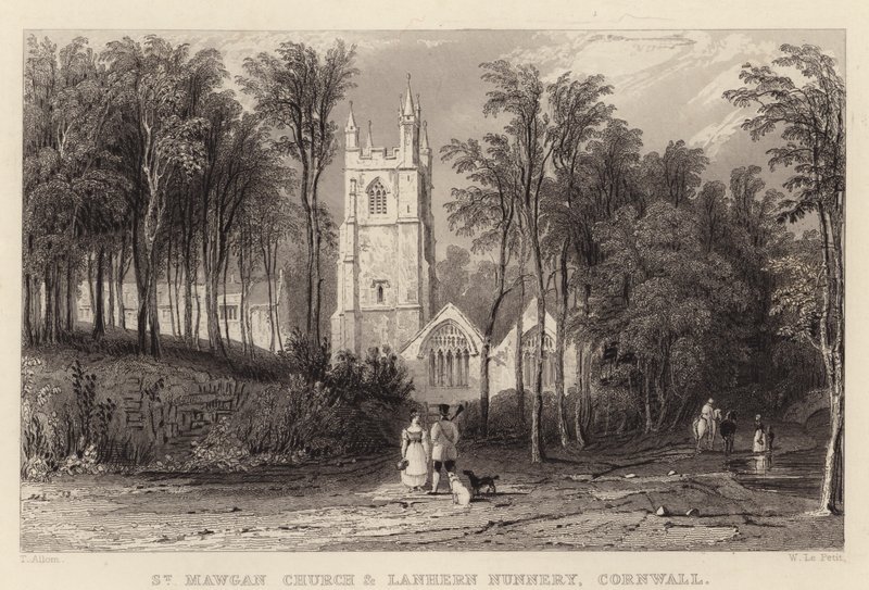 St Mawgan Church i Lanhern Nunnery, Kornwalia (grawerowanie) autorstwa Thomas (after) Allom