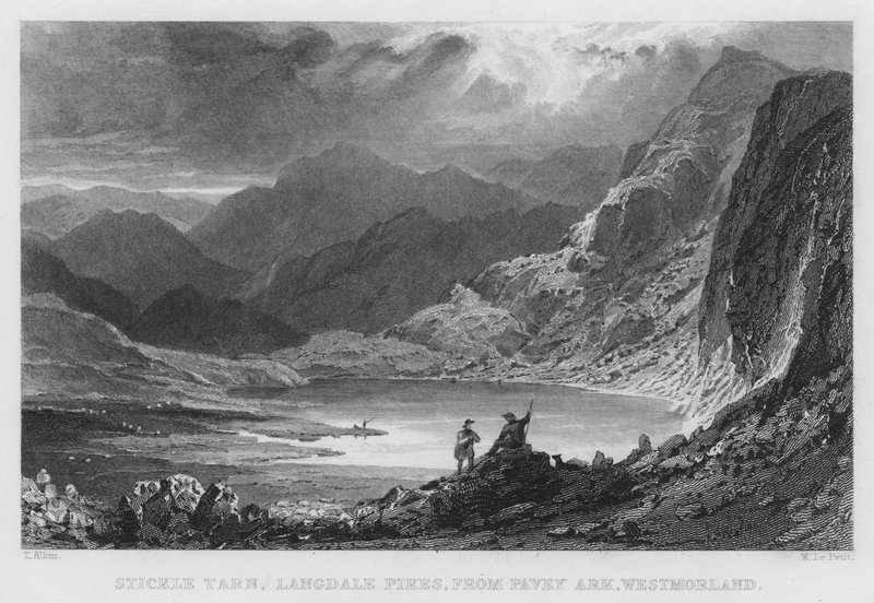 Stickle Tarn, Langdale Pikes, z Pavey Ark, Westmorland (grawerowanie) autorstwa Thomas (after) Allom