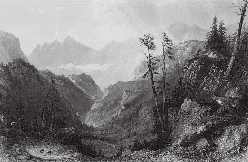 Col de Tortes, polowanie na Izoidę (rycina) autorstwa Thomas (after) Allom