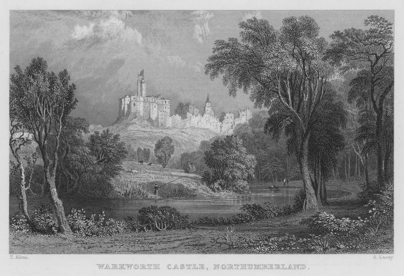 Zamek Warkworth, Northumberland (grawerowanie) autorstwa Thomas (after) Allom