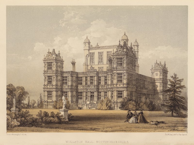 Wollaton Hall, Nottinghamshire (akwatinta) autorstwa Thomas (after) Allom