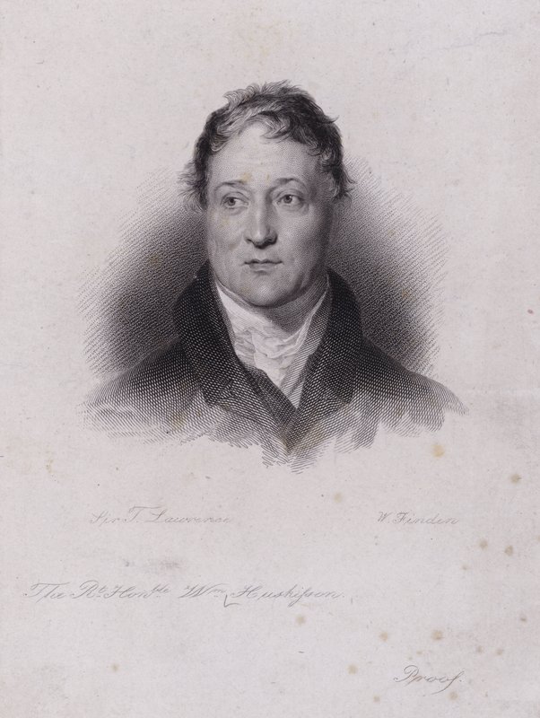 William Huskisson, angielski polityk i finansista, zginął w wypadku kolejowym, kiedy został przejechany przez pionierską parowóz Rocket Roberta Stephensona (grawerowanie) autorstwa Thomas (after) Lawrence