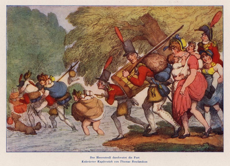 Żołnierze na marszu (kolorowy grawerunek) autorstwa Thomas (after) Rowlandson