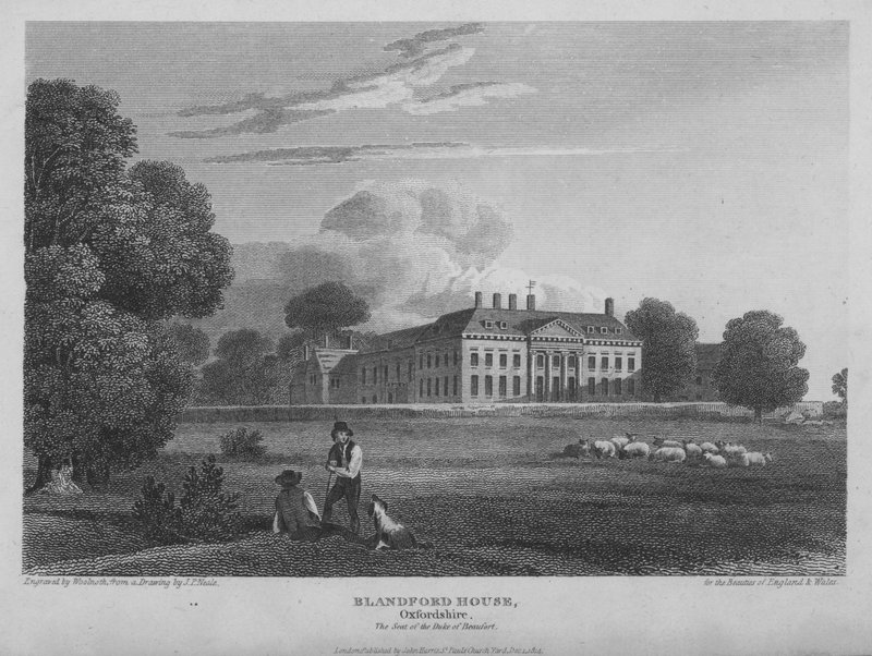 Blandford House, Oxfordshire, siedziba książąt Beaufort (grafika) autorstwa Thomas A. Woolnoth