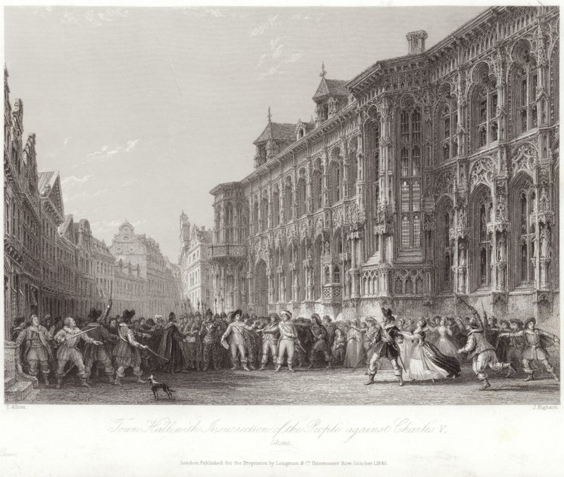 Ratusz z powstaniem ludu przeciwko Karolowi V autorstwa Thomas Allom