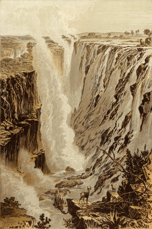Wodospad Wiktorii, Zambesi, od wschodniego krańca przepaści (chromolitho) autorstwa Thomas Baines