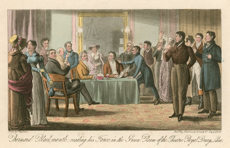Bernard Blackmantle, czytający swoją Farsę w Green Room of the Theatre Royal, Drury Lane, Londyn autorstwa Thomas Charles Wageman