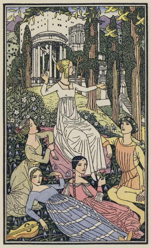 Ilustracja do Dekameronu Boccaccia (kolorowa litografia) autorstwa Thomas Derrick