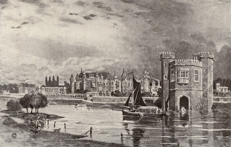 Hampton Court w czasach Karola I (litografia) autorstwa Thomas Hamilton Crawford