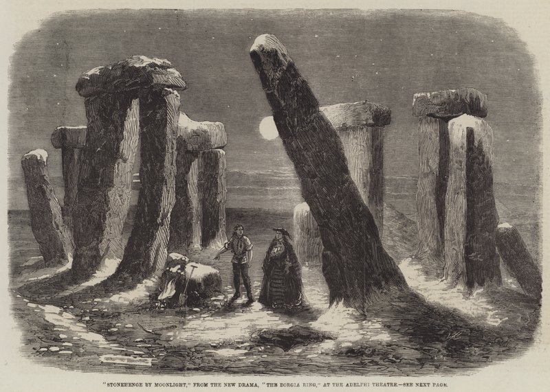 Stonehenge by Moonlight, z nowego dramatu, The Borgia Ring, w Adelphi Theater autorstwa Thomas Harrington Wilson