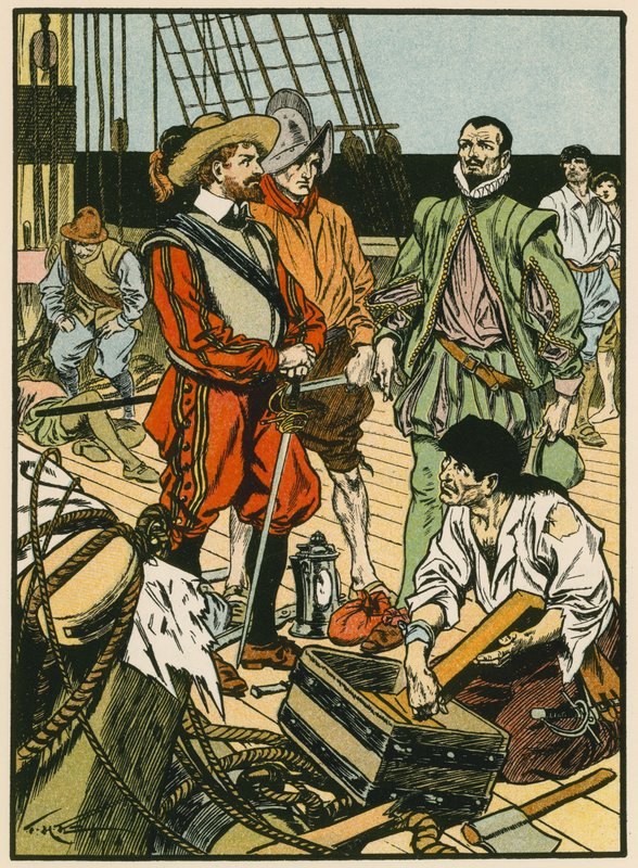 Zdobyty skarb. Sir Francis Drake (kolorowa litografia) autorstwa Thomas Heath Robinson