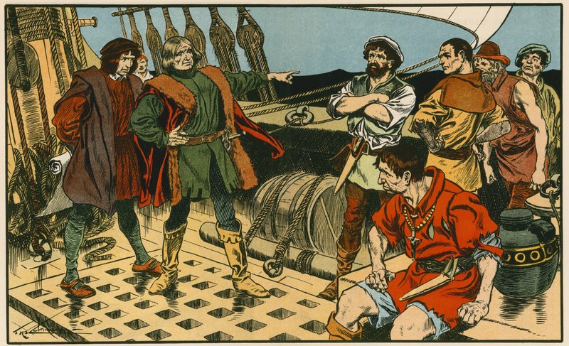 Krzysztof Kolumb podczas podróży do Ameryki (kolorowa litografia) autorstwa Thomas Heath Robinson
