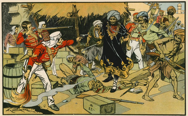 Zniszczenie magazynu w Delhi (kolorowa litografia) autorstwa Thomas Heath Robinson