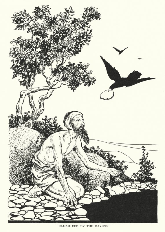 Eliasz karmiony przez kruki (litografia) autorstwa Thomas Heath Robinson