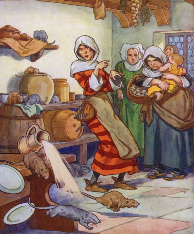 Ilustracja do filmu "The Pied Piper of Hamelin" (kolorowa litografia) autorstwa Thomas Heath Robinson