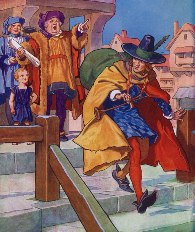 Ilustracja do filmu "The Pied Piper of Hamelin" (kolorowa litografia) autorstwa Thomas Heath Robinson