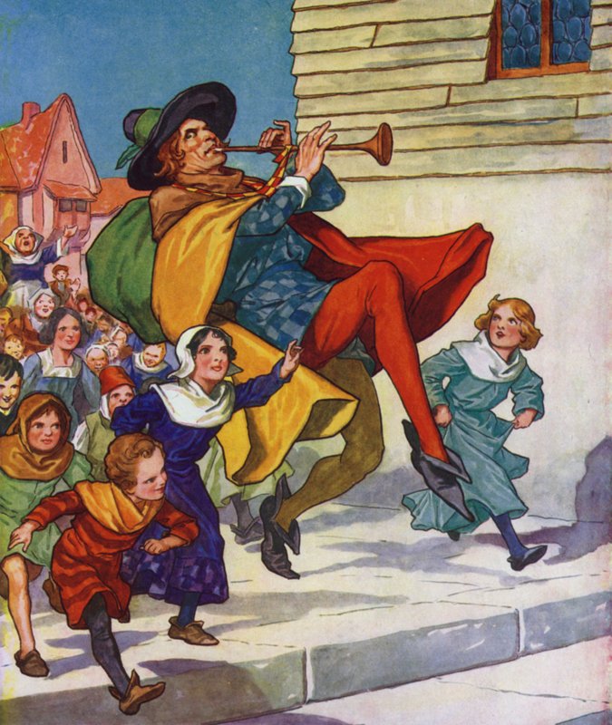 Ilustracja do filmu "The Pied Piper of Hamelin" (kolorowa litografia) autorstwa Thomas Heath Robinson
