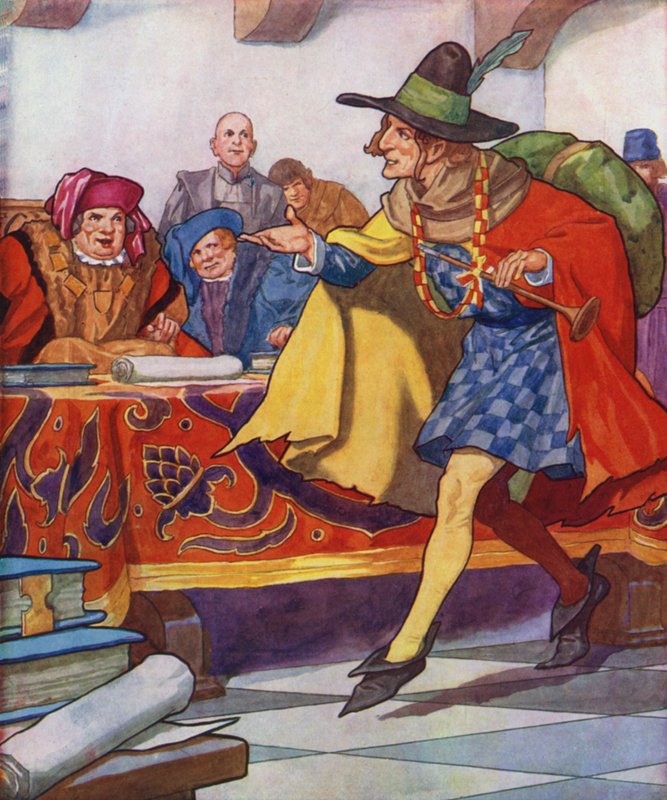 Ilustracja do filmu "The Pied Piper of Hamelin" (kolorowa litografia) autorstwa Thomas Heath Robinson