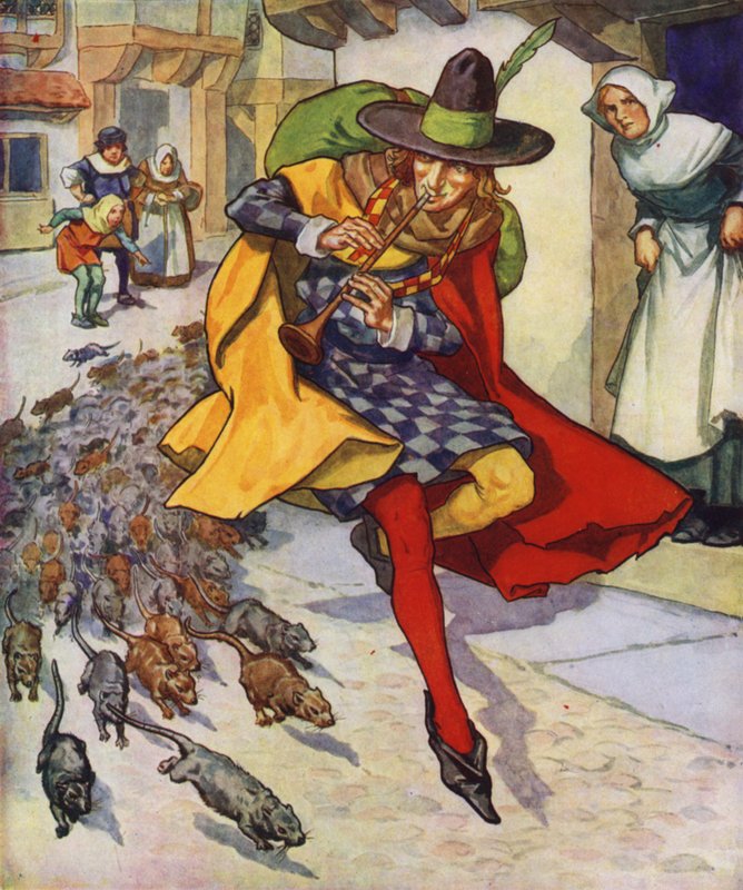 Ilustracja do filmu "The Pied Piper of Hamelin" (kolorowa litografia) autorstwa Thomas Heath Robinson