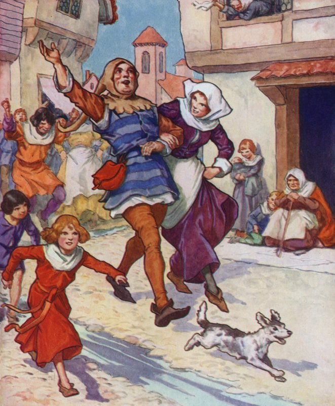 Ilustracja do filmu "The Pied Piper of Hamelin" (kolorowa litografia) autorstwa Thomas Heath Robinson