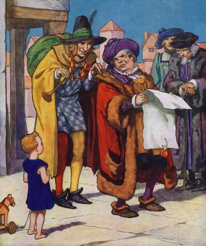 Ilustracja do filmu "The Pied Piper of Hamelin" (kolorowa litografia) autorstwa Thomas Heath Robinson