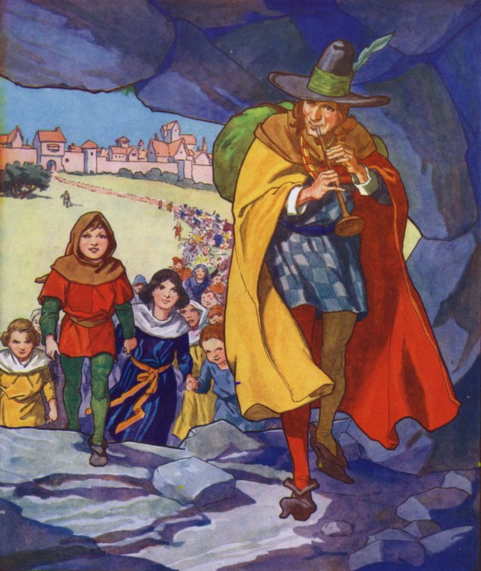 Ilustracja do filmu "The Pied Piper of Hamelin" (kolorowa litografia) autorstwa Thomas Heath Robinson