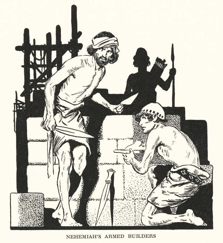 Uzbrojeni budowniczowie Nehemiasza (litografia) autorstwa Thomas Heath Robinson
