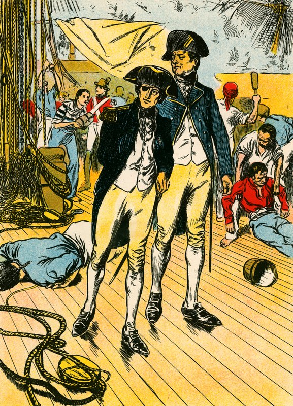 Nelson na "Victory" pod Trafalgarem (kolorowa litografia) autorstwa Thomas Heath Robinson