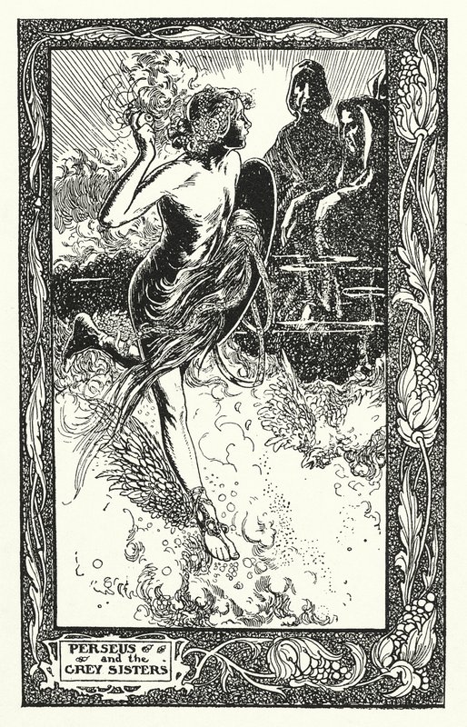 Perseusz i Szare Siostry (litografia) autorstwa Thomas Heath Robinson