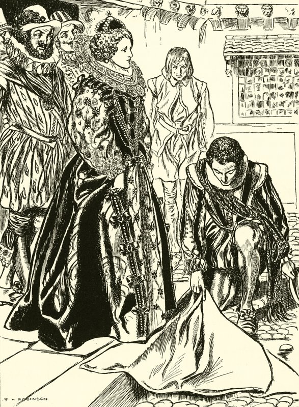 Raleigh rozpościera płaszcz przed Elżbietą (rycina) autorstwa Thomas Heath Robinson