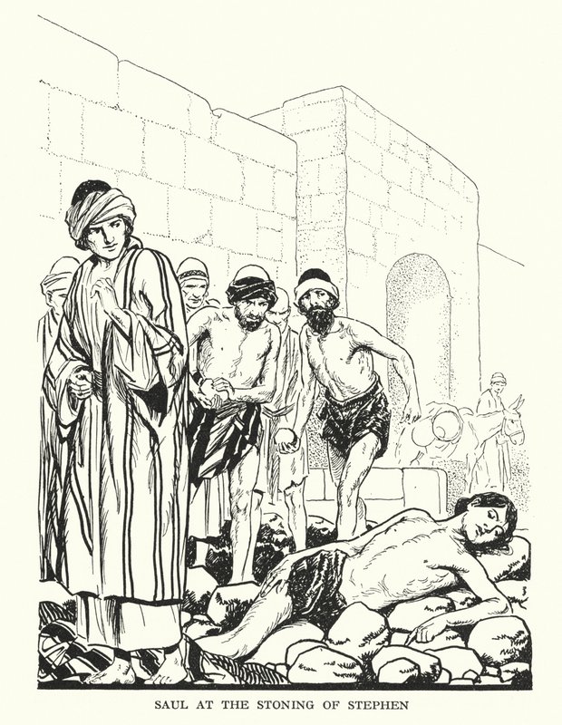 Saul podczas kamienowania Szczepana (litografia) autorstwa Thomas Heath Robinson