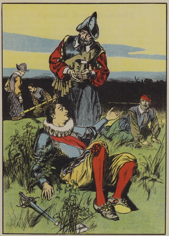Sir Philip Sidney i umierający żołnierz (kolorowa litografia) autorstwa Thomas Heath Robinson