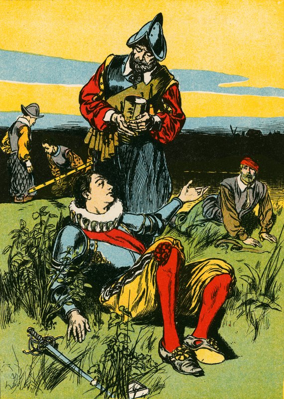 Sir Philip Sidney i umierający żołnierz (kolorowa litografia) autorstwa Thomas Heath Robinson