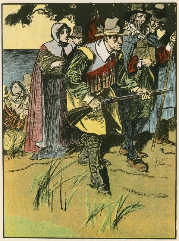 Ojcowie Pielgrzymi wkraczający do Nowego Świata (kolorowa litografia) autorstwa Thomas Heath Robinson
