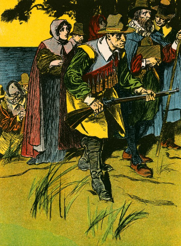 Ojcowie Pielgrzymi wkraczający do Nowego Świata (kolorowa litografia) autorstwa Thomas Heath Robinson