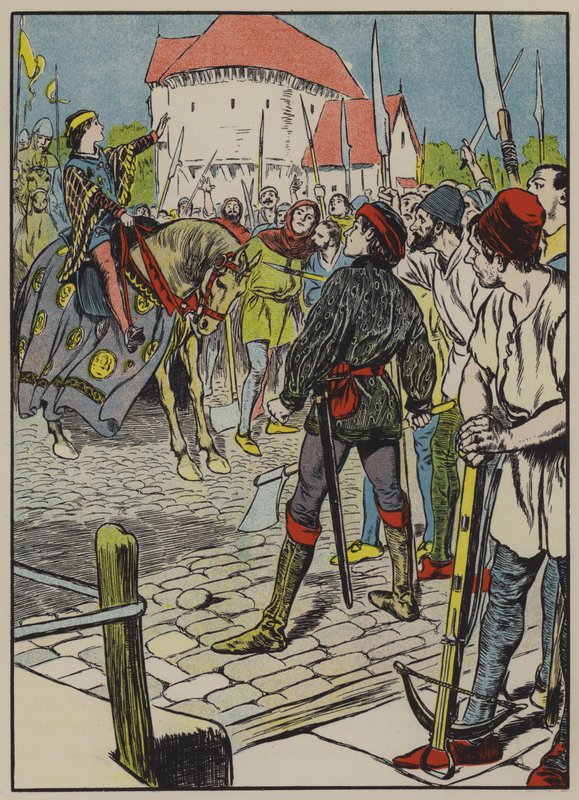Młody król Ryszard tłumi bunt (kolorowa litografia) autorstwa Thomas Heath Robinson