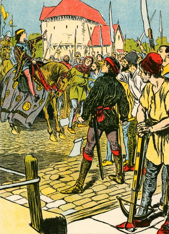 Młody król Ryszard tłumi bunt (kolorowa litografia) autorstwa Thomas Heath Robinson