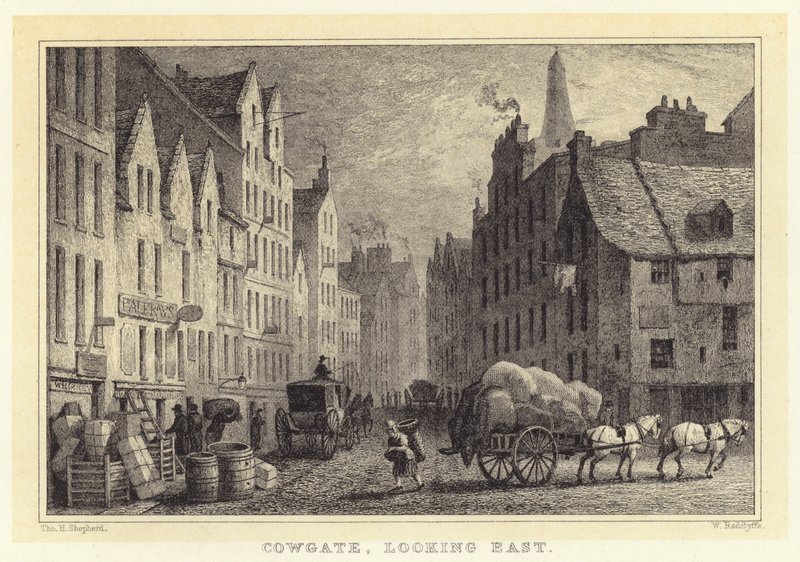 Cowgate, patrząc na wschód (rycina) autorstwa Thomas Hosmer (after) Shepherd