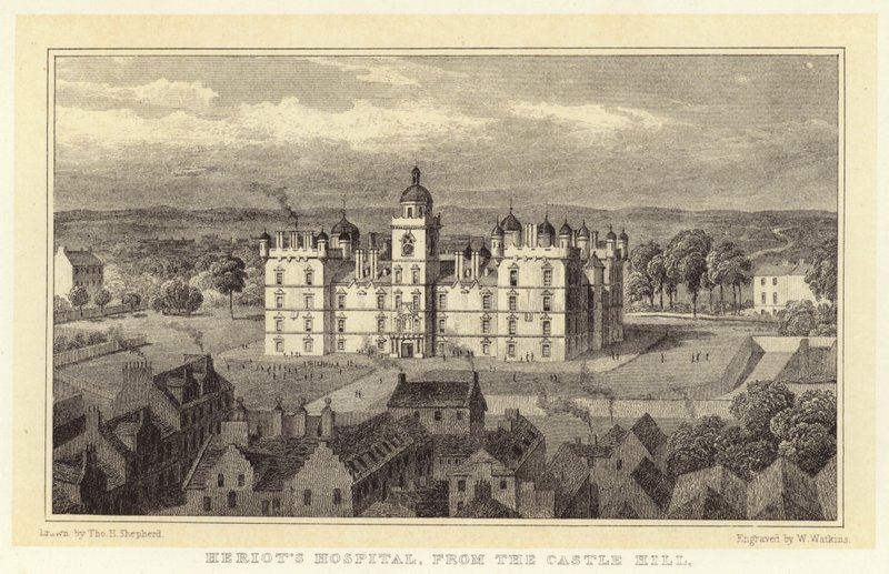 Szpital Heriota, z Wzgórza Zamkowego (rycina) autorstwa Thomas Hosmer (after) Shepherd