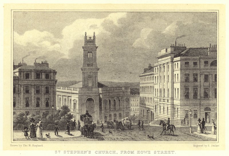 Kościół św. Szczepana, od ulicy Howe (rycina) autorstwa Thomas Hosmer (after) Shepherd