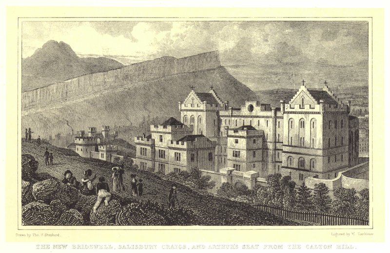 New Bridewell, Salisbury Craigs i fotel Artura z Calton Hill (rycina) autorstwa Thomas Hosmer (after) Shepherd