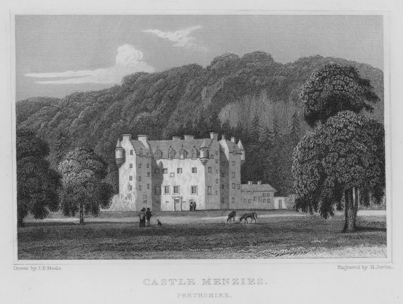 Zamek Menzies, Perthshire (grawerowanie) autorstwa Thomas Hosmer Shepherd