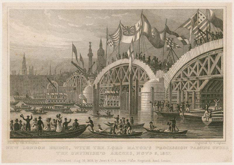Budowa mostu New London Bridge, 9 listopada 1827 r. autorstwa Thomas Hosmer Shepherd