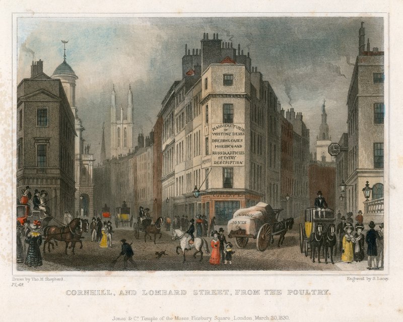 Cornhill i Lombard Street, Londyn, od Poultry autorstwa Thomas Hosmer Shepherd