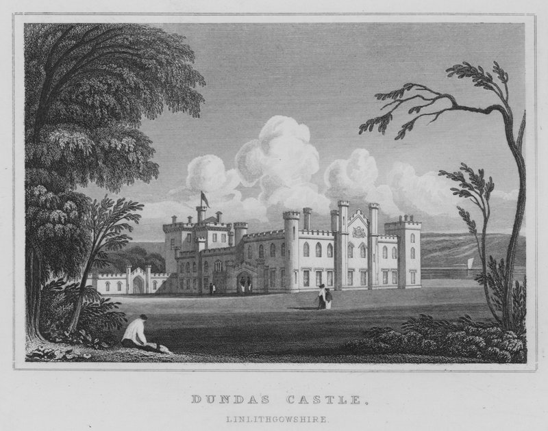 Zamek Dundas, Linlithgowshire (grawerowanie) autorstwa Thomas Hosmer Shepherd
