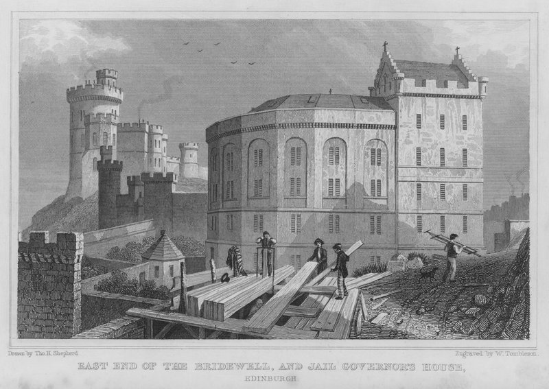 East End of the Bridewell i dom gubernatora więzienia w Edynburgu (grawerowanie) autorstwa Thomas Hosmer Shepherd