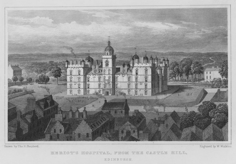 Szpital Heriota, z Wzgórza Zamkowego, Edynburg (rycina) autorstwa Thomas Hosmer Shepherd
